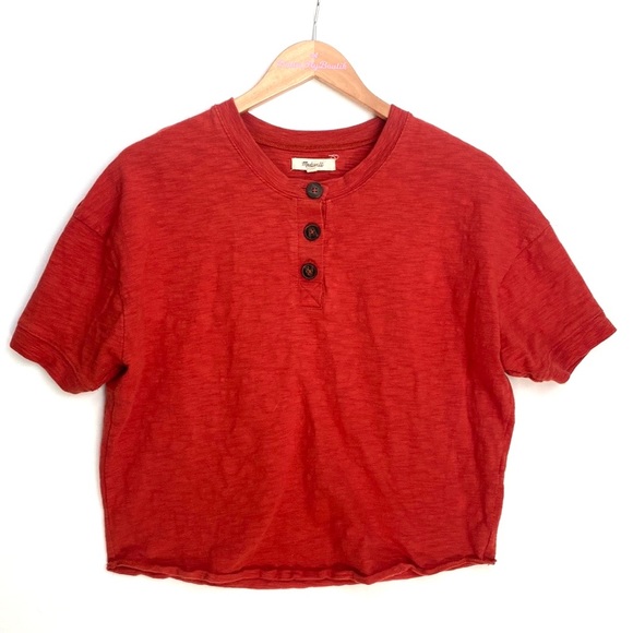 (A7) Madewell raw edge Henley tee, Burnt Orange/Rust in color, Size Small - Picture 3 of 11